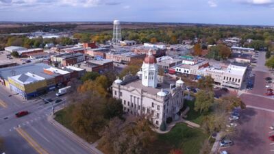 Aerial view of the Seward County courthouse and surrounding square