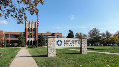 Concordia University, Nebraska's front sign. Weller Hall is in the background.