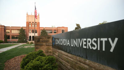 Concordia University front sign looking towards Weller Hall