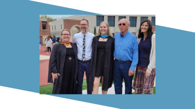 From left to right: Amy Schuster Hubach (1997-2001); Riley Hubach (1994-1998; 2022-present); Marlee Hubach (2019-2023); Timothy Hubach (1968-1970); Amie Miller Hubach (1996-2000) 